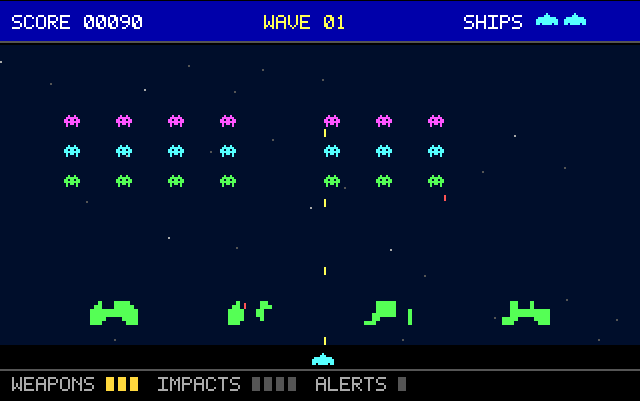 Audio Invaders, the DOS-style shooter in the sound groups demo, with damaged shields and its weapons voice slots lit up